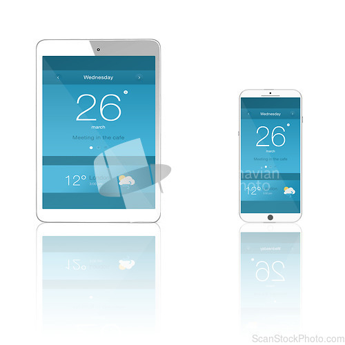 Image of A phone, tablet and mockup screen on technology and space for 5g internet or smartphone app on a png, transparent or isolated background. Social media website or brand advertising and marketing icon