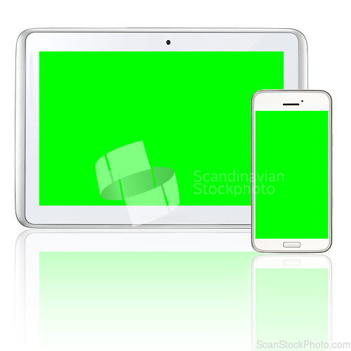 Image of Green screen, phone and mockup space on a tablet screen with technology, 5g internet and an app on a png, transparent or isolated chroma key background. A social media website or brand advertising