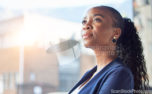 Image of Office professional, face and thinking black woman, bank consultant and brainstorming plan, ideas or strategy. Window, problem solving and business person planning corporate choice, job or future