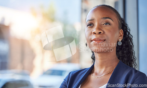 Image of Black woman, thinking and business, future and ideas with lawyer and career at law firm. African female attorney at office, professional mindset and mockup space, inspiration with focus and vision