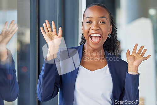 Image of Black woman, excited in portrait and business, confidence and happy with lawyer and career success at law firm. African female attorney at office, positive and professional mindset in corporate job