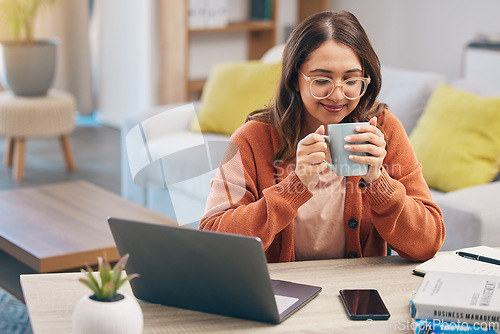 Image of Happy woman, student and coffee by desk for morning study, knowledge or education at home. Female person or freelancer in relax enjoying or drinking beverage for studying scholarship in living room