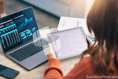 Image of Woman with laptop, tablet and stock market, information and research in business management for data analysis trading. Technology, dashboard with graphs and charts, trader at desk in office with app