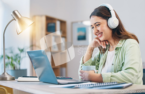 Image of Laptop, study and headphones with woman in home office for elearning, education and blog. Digital, online class and college with female student and research for streaming, virtual and subscription