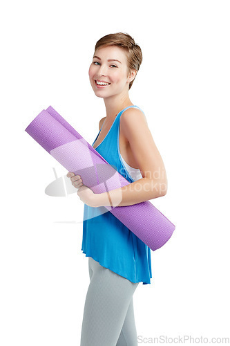 Image of Portrait, woman or yoga mat for meditation, smile or fitness with girl isolated on white studio background. Face, female yogi or lady with pilates training, workout or exercise for wellness or energy
