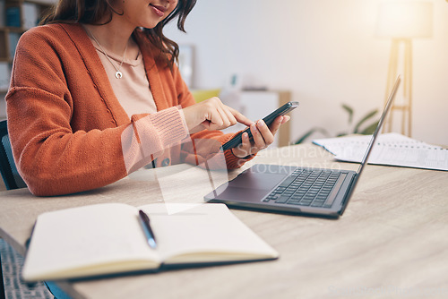 Image of Hands, phone and notebook with texting, woman or laptop for planning, schedule or networking at desk. Entrepreneur, smartphone and click app for note, research or work from home in web journalist job