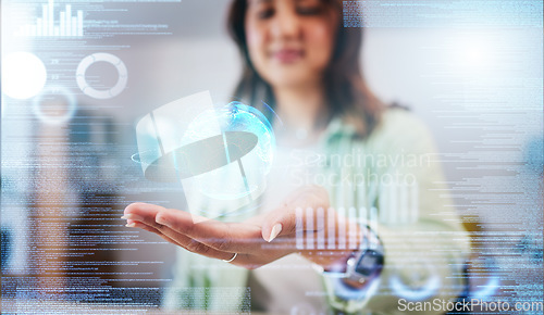 Image of Business woman, hand and hologram earth for thinking, vision or chart for big data analysis, stats or stock market. Futuristic trading, 3D ux overlay and ideas for global financial growth at agency