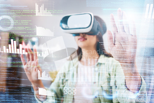 Image of Business woman, vr and holographic chart with glasses, big data analysis or trading in metaverse. Futuristic finance expert, augmented reality vision or graph for crypto, stock market or 3d ux at job