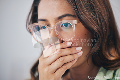 Image of Shocked, wow and woman with glasses, surprise, announcement and mockup with gossip. Omg, female person and girl with eyewear, expression and reaction to news, covering mouth and emoji with anxiety