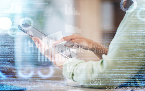 Image of Hands of woman, dashboard and overlay of data analytics, tablet and research in stock market business management. Future technology, hologram with graphs and charts, trader with digital information.