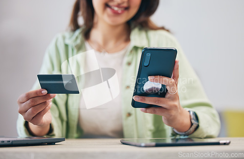 Image of Hands, phone and credit card for payment, woman or typing at desk for online shopping, sale or smile. Lady, smartphone and banking with cybersecurity, fintech or ecommerce for discount, deal or promo