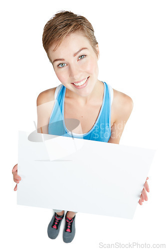 Image of Announcement, smile and portrait of a woman with a board isolated on a white background in studio. Billboard, branding and girl holding a mockup banner with space for advertising on a backdrop