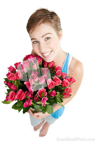 Image of Woman, smile and rose bouquet in portrait, Valentines day gift and love, nature isolated on white background. Face, beauty and happy person, romance and celebrate holiday or anniversary in studio