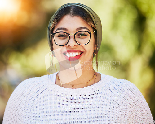 Image of Young woman, smile and happy portrait outdoor in nature with glasses and bright smile in summer. Fashion, style and gen z female model or student with a turban scarf, happiness and positive mindset