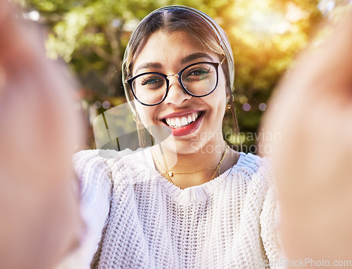 Image of Young woman, smile and happy selfie outdoor in nature with glasses in summer. Fashion, style and gen z female student or influencer portrait with happiness, peace and freedom on profile picture