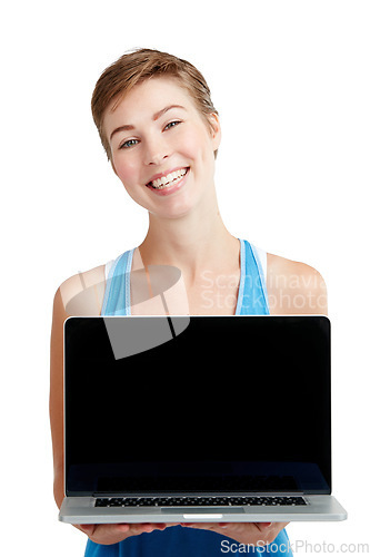 Image of Laptop mockup, portrait and woman isolated on a white background with technology screen for product placement. Happy young model or person face with computer screen mock up for advertising in studio