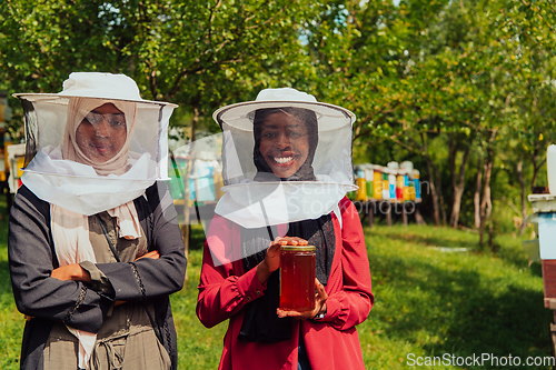 Image of Portrait of a Arab investitors in the beekeeping department of a honey farm holding a jar of honey in her hand