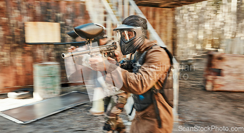 Image of Paintball, team and blur of men with gun for tournament, competition and battle for action. Sports, military and male people shooting in outdoor arena for training, adventure games and challenge
