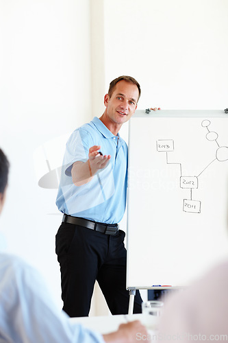Image of Lets start with your suggestion. Shot of a handsome man doing a presentation and gesturing with his hand.