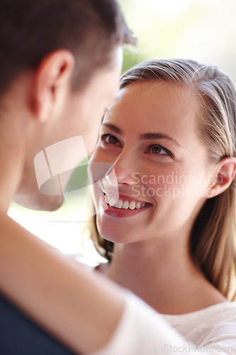 Image of I could look into your beautiful eyes forever. Shot of an attractive young couple enjoying a romantic moment together.