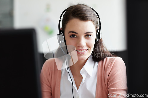 Image of Portrait, call center and happy woman in office for virtual communication, online support or e learning consultant. Face of agent, web advisor or person for elearning services, helping or course info