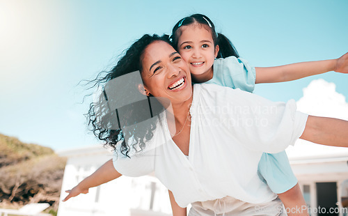 Image of Happy, plane and piggyback with mother and daughter in backyard for playful, support and smile. Happiness, relax and love with woman and child at family home for care, excited and games together