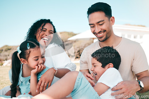 Image of Outdoor, funny and family with happiness, quality time and cheerful with joy, playful and relax on vacation. Parents, mother or father with children, kids or fun on holiday, outside or smile on break