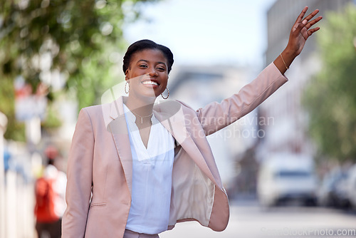 Image of Happy black woman, taxi and travel in city waving or waiting for transportation on street sidewalk. African female person calling vehicle or signal with hand for ride service in road of an urban town