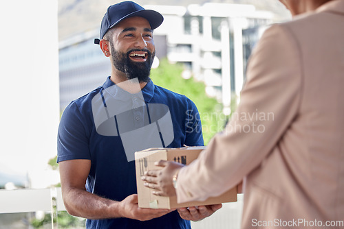 Image of Delivery, man and courier service with customer or box for ecommerce order for online shopping. Order, logistics and happy worker with package for client at store with distribution or supply chain.