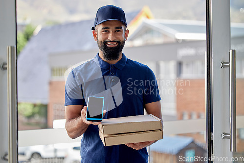 Image of Portrait, courier service and card machine with pizza at door with order for food with ecommerce. Delivery, man and package with worker or technology for payment with logistics or online shopping.