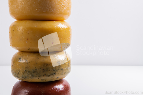 Image of Different types of homemade traditional Bosnian cheese isolated on a white background