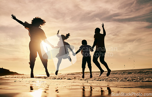 Image of Silhouette, family jump on beach and sunset with ocean waves, back view and bonding in nature. Energy, people holding hands in air outdoor and holiday, freedom and travel, trust and love in Mexico