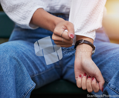 Image of Watch, sleeve and hands of person with anxiety at an outdoor park with worry and jewelry fashion in nature. Manicure, ring and nervous woman with a classy wrist accessory and cosmetic nail polish