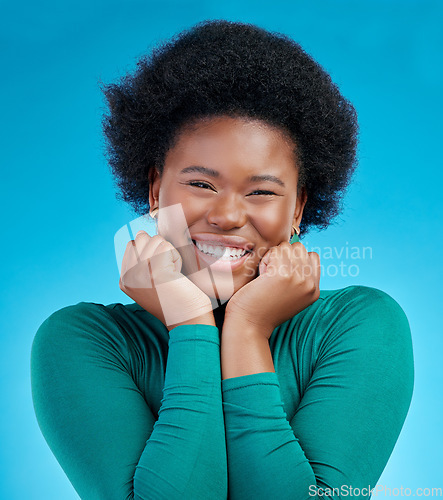 Image of Portrait, smile and excited with black girl or hands in studio background with positive mindset. Happy, face and african female with confidence or proud expression for beauty with motivation or joy.