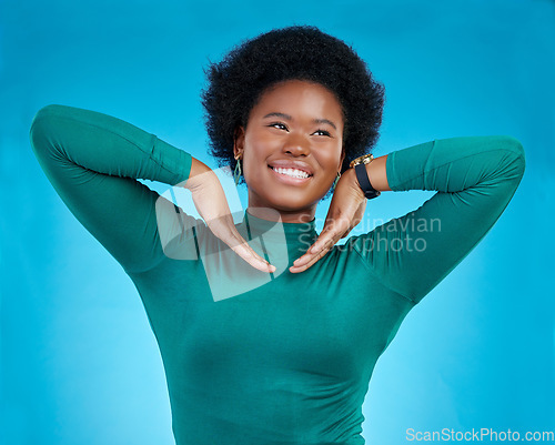 Image of Happy, face and excited with hands or black woman in blue background or positive mindset with fashion. Freedom, beauty and style with african female or smile with confidence with proud expression.