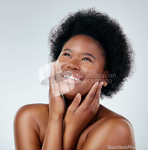 Image of Smile, natural hair and skincare with black woman or cosmetic on white background for wellness in studio. Face, hand and dermatology with african girl for treatment with glow for self love in mock up