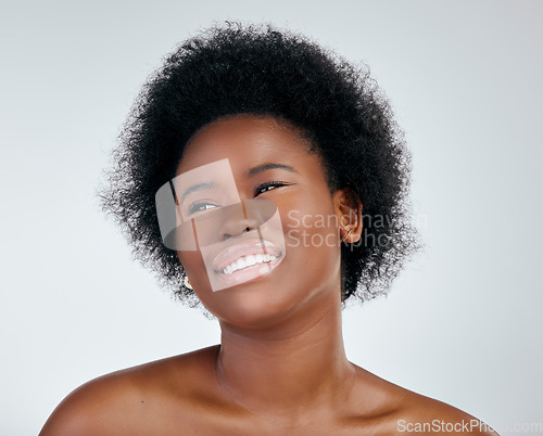 Image of Skincare, natural hair and face with black woman on white background for cosmetic wellness in studio. Beauty, dermatology and african girl with shine for treatment and healthy glow on mock up.