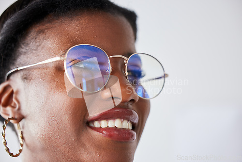 Image of Happiness, glasses and black woman with positive face with vision in studio background with nerd in closeup. Style, thinking and geek girl with beauty or happy expression with eye wear or smile.