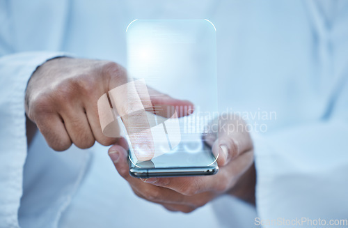 Image of Hands, phone and closeup with hologram overlay, 3d ux or typing for user experience, contact or search at karate club. Fingers, smartphone and holographic ui for scroll, click or press for mobile app