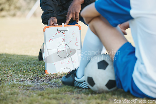 Image of Hands, soccer team or coach planning a formation with tactics or training strategy on sports field. Board, fitness or closeup of manager teaching football players a game plan for match or workout