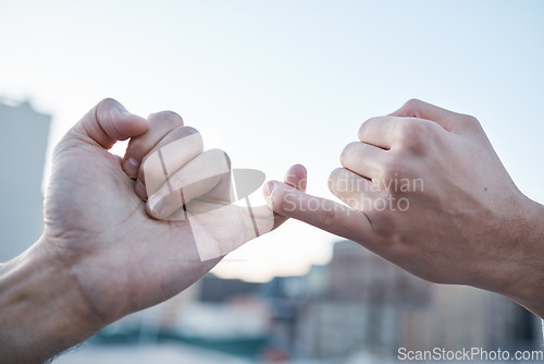 Image of Hands, pinky finger and promise, trust and support for solidarity, cooperation and deal on mockup space outdoor. Teamwork, collaboration and people with commitment, link and guarantee for agreement