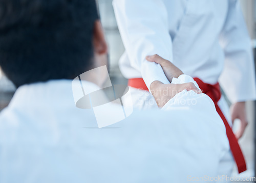 Image of Martial arts men, handshake and fight for sport, training or exercise with teacher, master and guide. Fitness partnership, mentor or coach with shaking hands for karate in contest, competition or gym