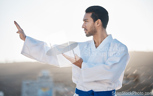 Image of Karate, fitness and profile of a sports man in the city for self defense training or a combat workout. Exercise, mindset and fighting with a serious young male athlete or warrior in an urban town