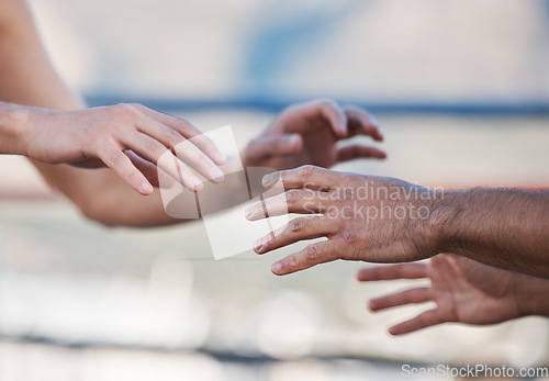 Image of Hands, martial arts and fight in competition, exercise and workout for fitness. Wrestling, mma and people training for battle, challenge and ready to start sports for action, taekwondo and combat