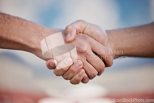 Image of Handshake, collaboration and partnership for trust, support and cooperation for success. Teamwork, shaking hands and people in agreement for sport deal, thank you for solidarity or welcome in closeup