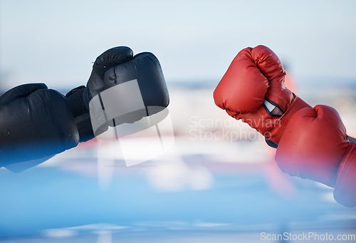 Image of Hands, boxing gloves or sports training, exercise or fist punching with strong power in workout. Background, fitness athletes or combat warriors ready for boxing or fighting in a mma practice match