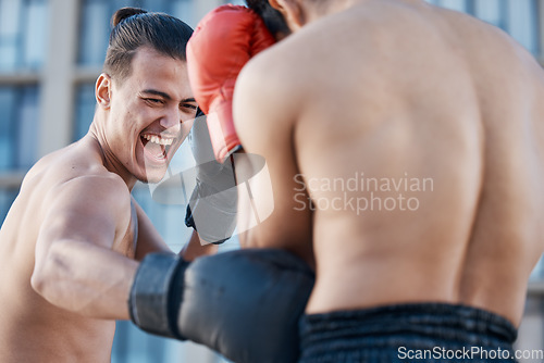 Image of Punch, boxing match or strong man fighting in sports training, body exercise or fist punching with power. Men, boxers or combat fighters boxing in practice or fitness workout in ring with action