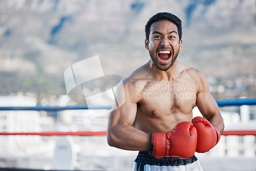 Image of Portrait, man or angry face of boxer in training or exercise with testosterone or strong power in workout. Asian, fitness or combat athlete screaming or ready for fighting in a mma practice match