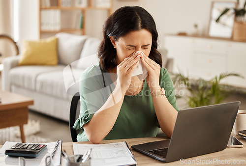 Image of Laptop, remote work and sick woman in home office with flu, cold or viral infection in her house. Freelance, sneeze and lady online with allergy, virus or burnout, sinusitis or hayfever while typing