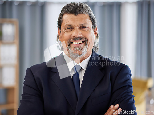 Image of Happy man, portrait and senior manager with arms crossed at law firm, lawyer in office and leader in government. Judge, attorney or businessman with smile, confidence and experience in pride at job.